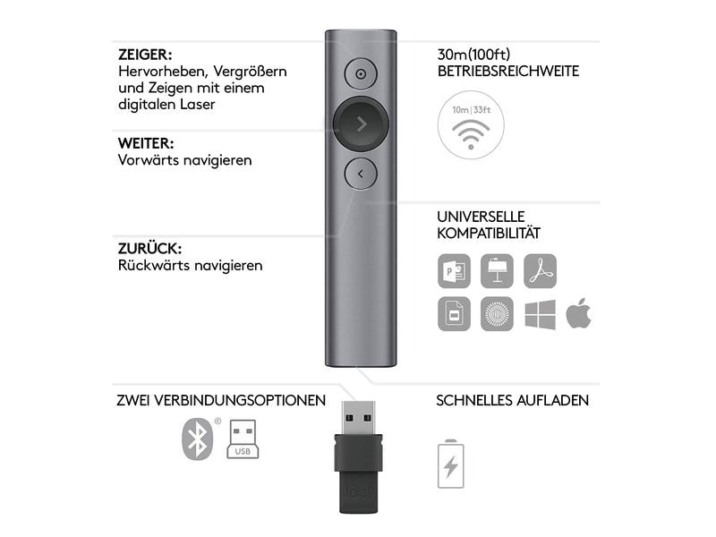 Logitech Presenter Spotlight Schiefergrau Innovative Presenterlösung im minimalistischen Design mit digitalem Laserpointer und 30m Reichweite