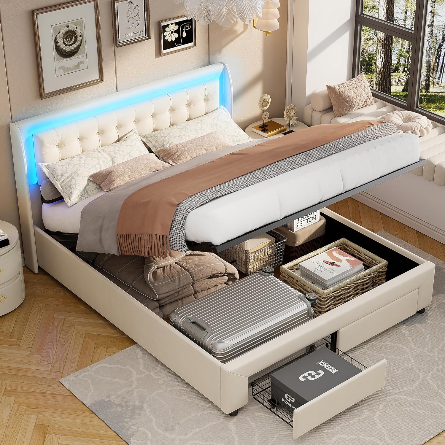 Bett 180x200 cm mit Stauraum und LED-Beleuchtung, Doppelbett mit Schublade, Hydraulisches Stauraumbett, Polsterbett, Lattenrost, Jugendbett, Beige Samt