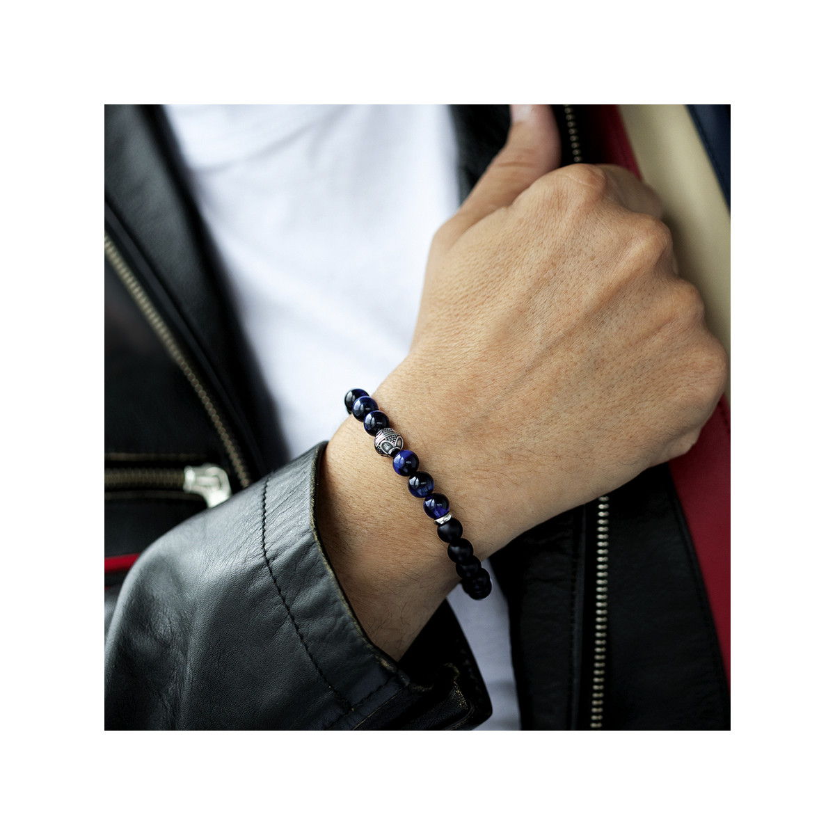 Bracelet acier onyx bleus et noirs 18,5 cm