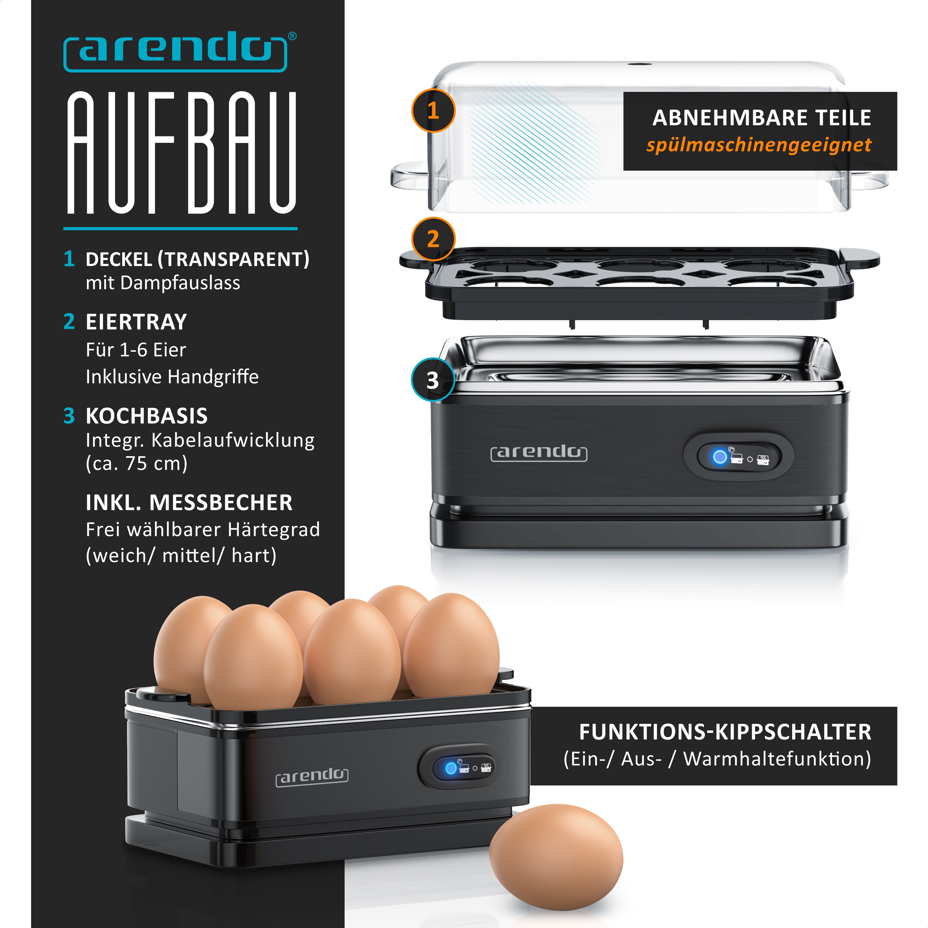 Arendo Eierkocher 6-fach, 400 W, Edelstahl, Warmhaltefunktion, Härtegrad einstellbar, für 6 Eier, schwarz