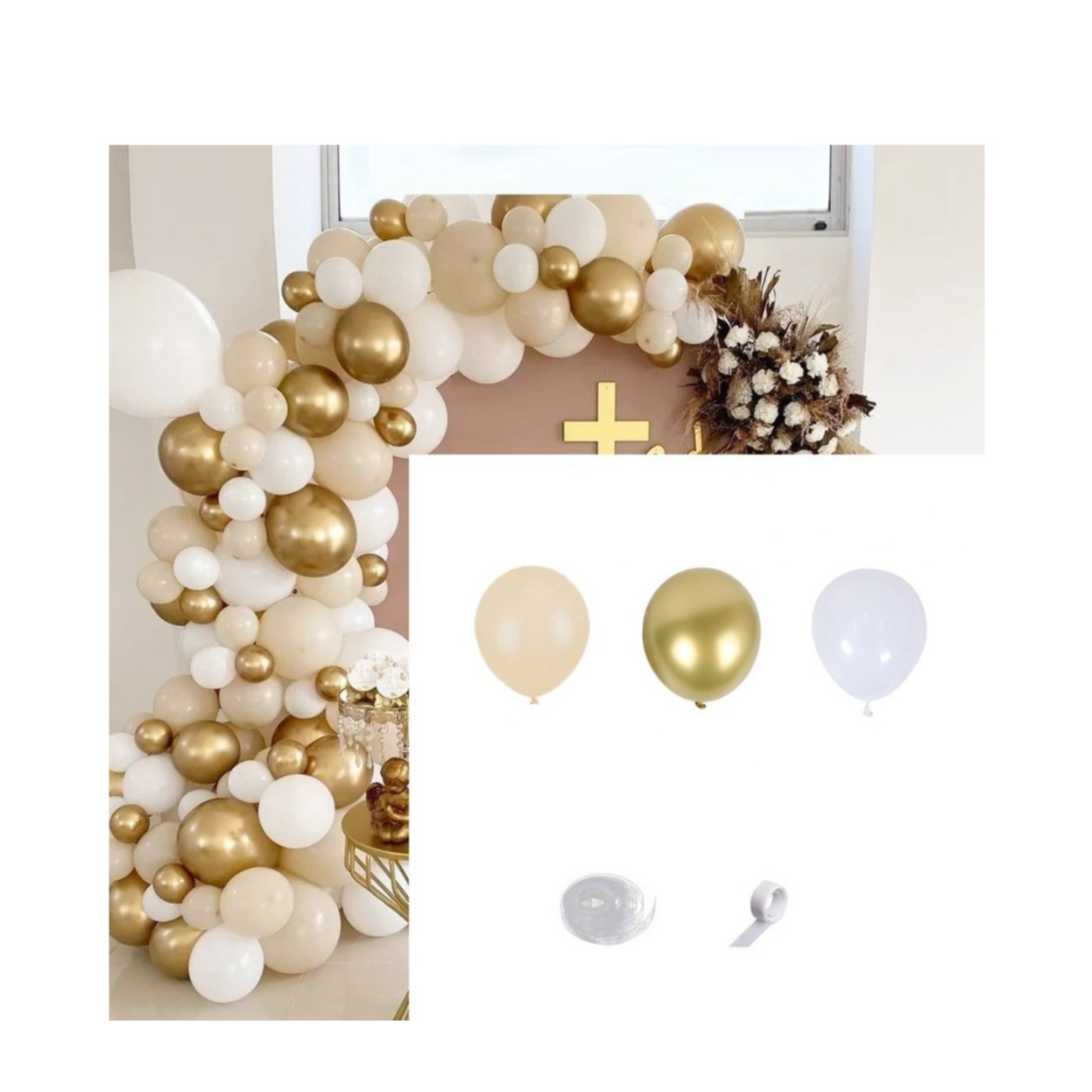 (122-tlg. Set) Party Deko Ballons Latex Luftballons - Beige / Weiss / Gold