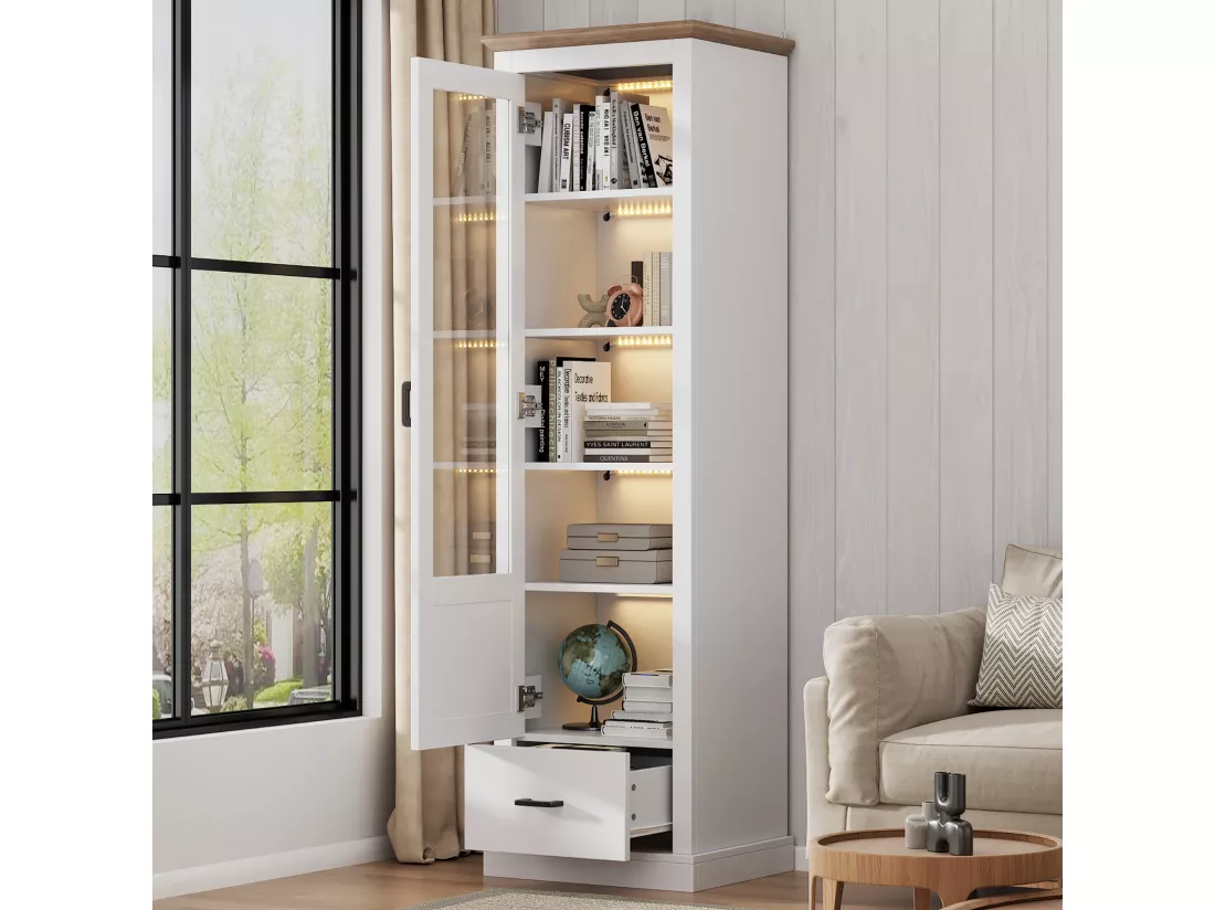 Vitrine LED moderne 50x35x178cm- avec éclairage LED - 1 - avec 1 tiroir - avec 1 porte vitrée - vitrine 5 compartiments - blanc