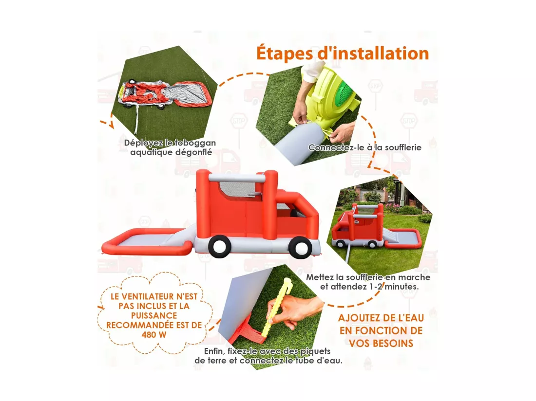 Toboggan Aquatique Gonflable pour Enfants sur Le Thème Voiture de Pompiers avec Piscine à Eclaboussures, Zone de Rebond,Ballon de Basket sans Gonfleur