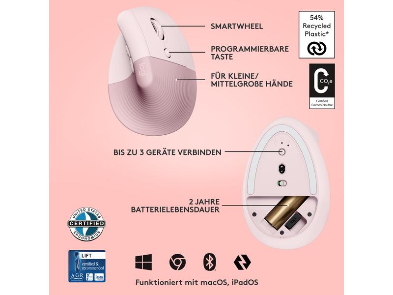 Logitech Ergonomische Maus Lift Rose Komfortable ergonomische Maus mit vertikalem Design für kleine bis mittelgrosse Hände