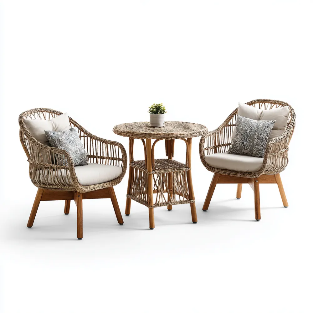 Garten-Esstisch-Set Polyrattan Rundtisch (70 cm Durchmesser x 74 cm Höhe) mit 2 Stühlen (60 cm Breite x 60 cm Tiefe x 80 cm Höhe) – Natur