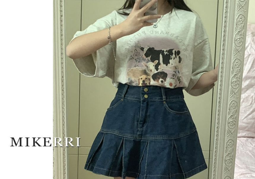uliaque - Plus Size High Rise Plooi Mini A-lijn Denim Rok