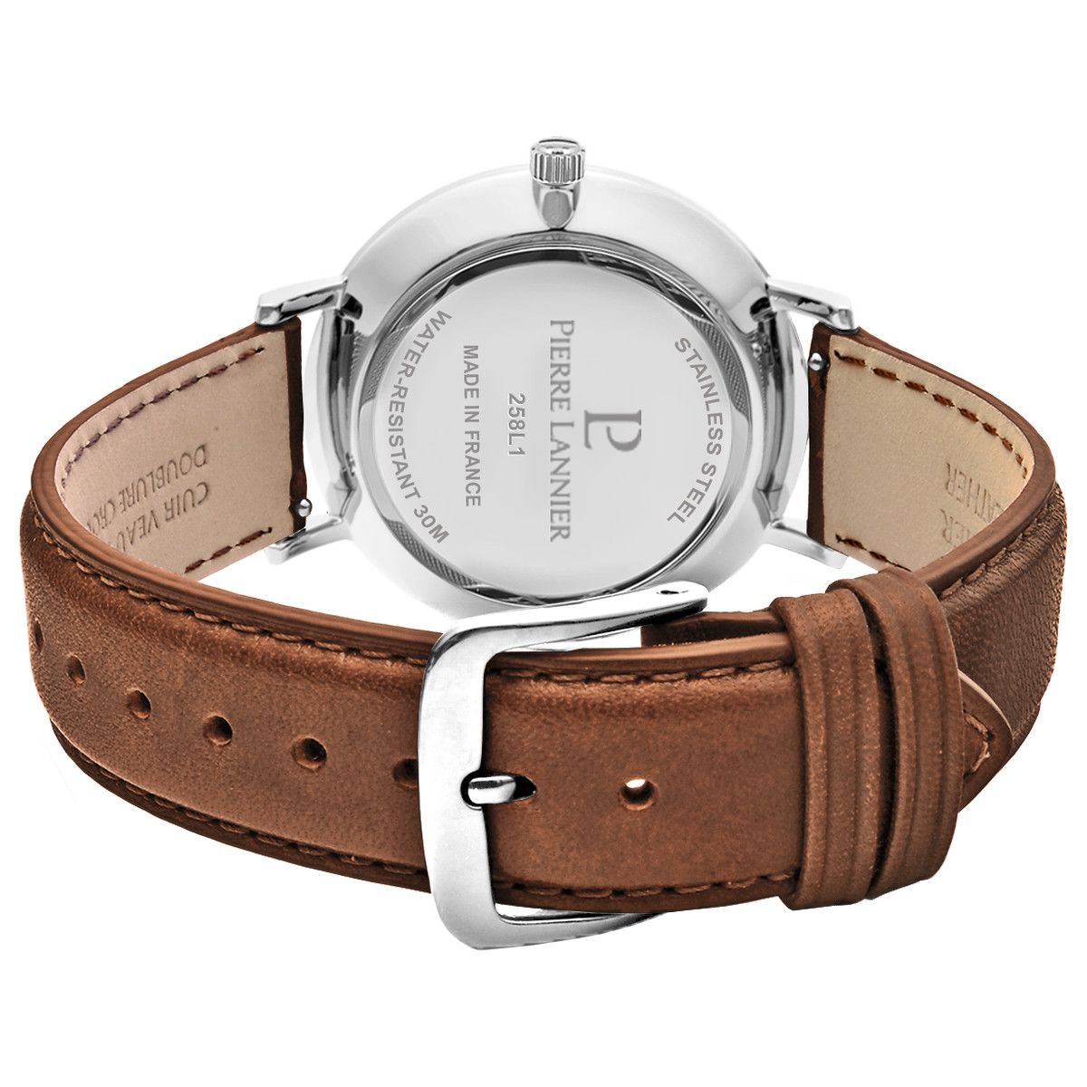Montre Pierre Lannier homme acier bracelet cuir marron