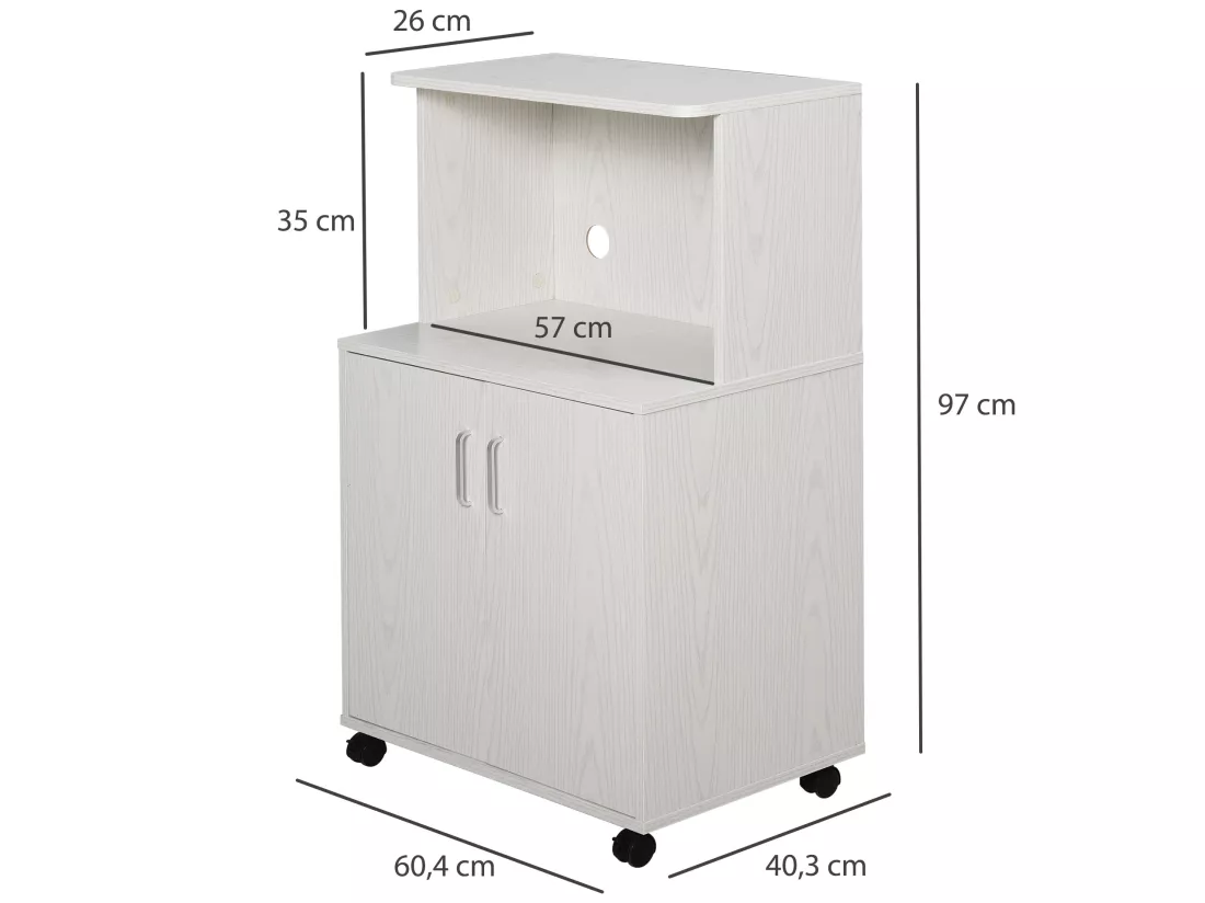Chariot desserte micro-ondes placard 2 portes - dim. 60,4L x 40,3l x 97H cm - blanc