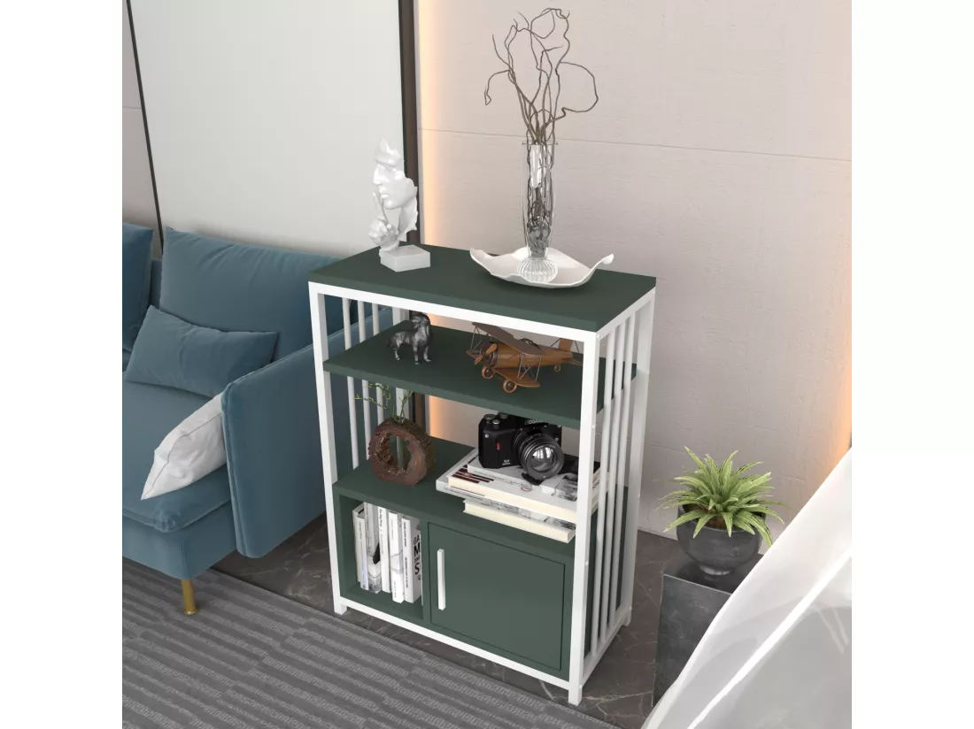 Bibliothèque Letos avec le cadre en métal et armoire, design stylistique (Vert et Blanc)