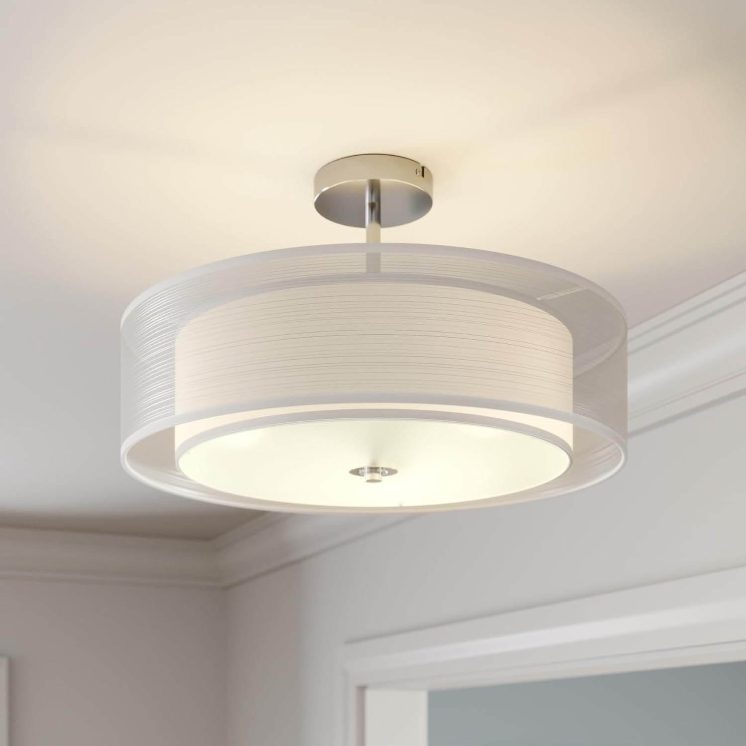 Lindby Textil Deckenleuchte rund 50 cm, Deckenlampe Stoff weiß 2 Textilschirme 3x E27 max. 11W ohne Leuchtmittel Schlafzimmerlampe Wohnzimmerlampe
