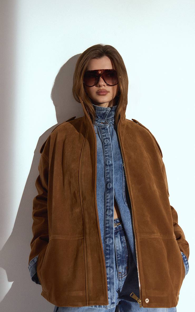 Marron Veste Longue En Daim À Col Montant Et Patte De Boutonnage Dissimulée