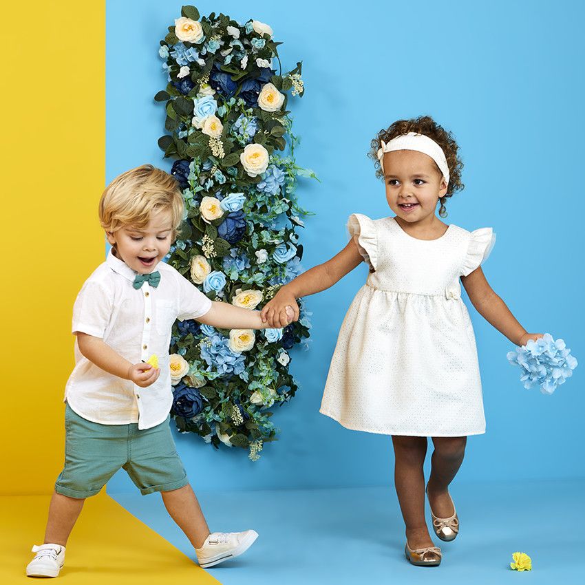 Ensemble de cérémonie robe en jacquard + bandeau pour bébé fille - Ecru