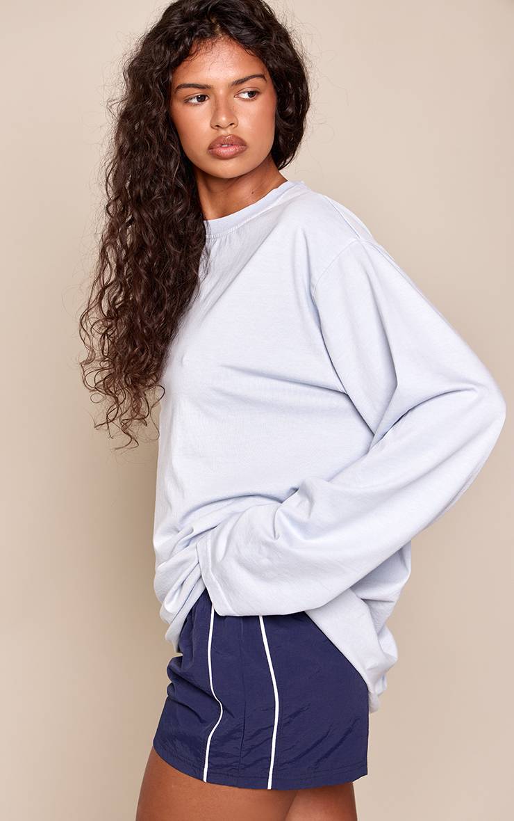 Bleu T-shirt Oversize À Manches Longues En Coton Délavé À L'acide