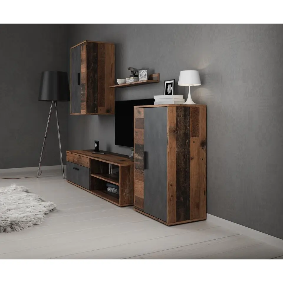Meubella - Wandmeubel Bellini - Grijs - Donker Old Wood