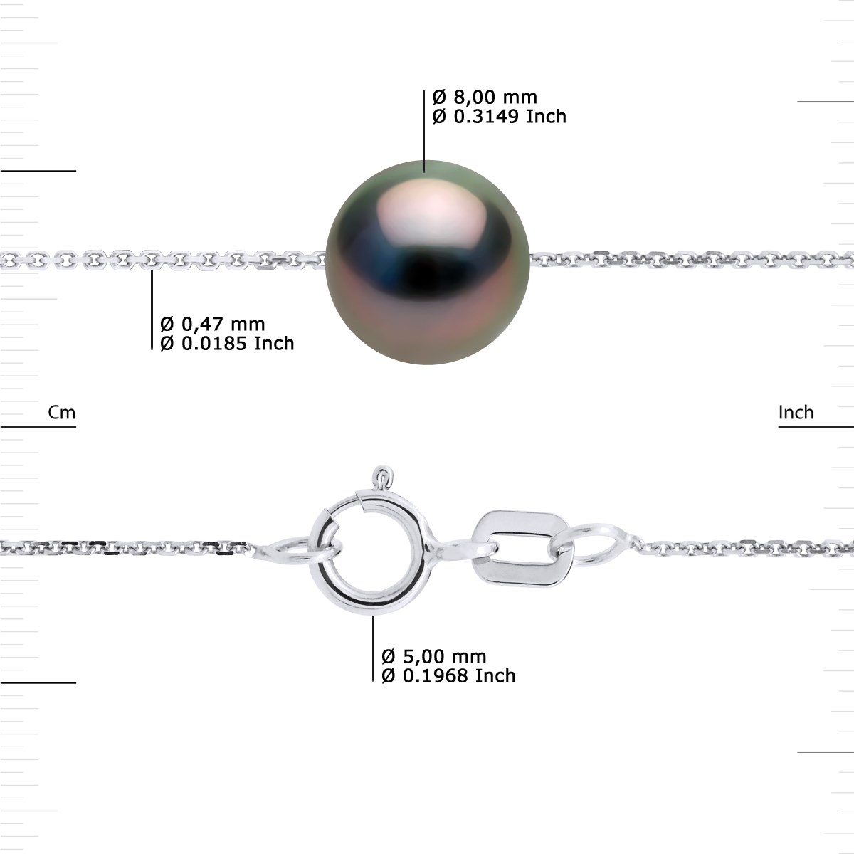 Bracelet Perle de Tahiti Ronde 8-9 mm Chaîne Forçat Or Blanc