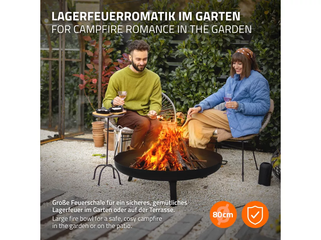 Bol à feu basero acier noir avec 3 pieds pliables foyer grille barbecue Ø80x29cm