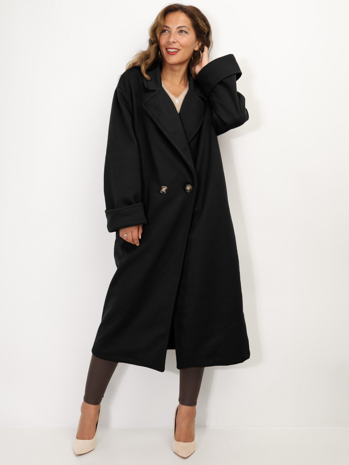 Manteau oversize en maille texturée- Noir