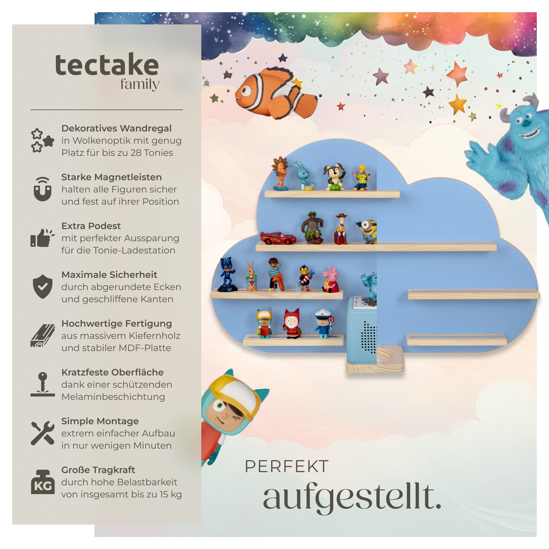 tectake® Wandregal, für bis zu 28 Tonies, abgerundete Ecken, 76 x 15,5 x 50 cm, unsichtbare Aufhängung