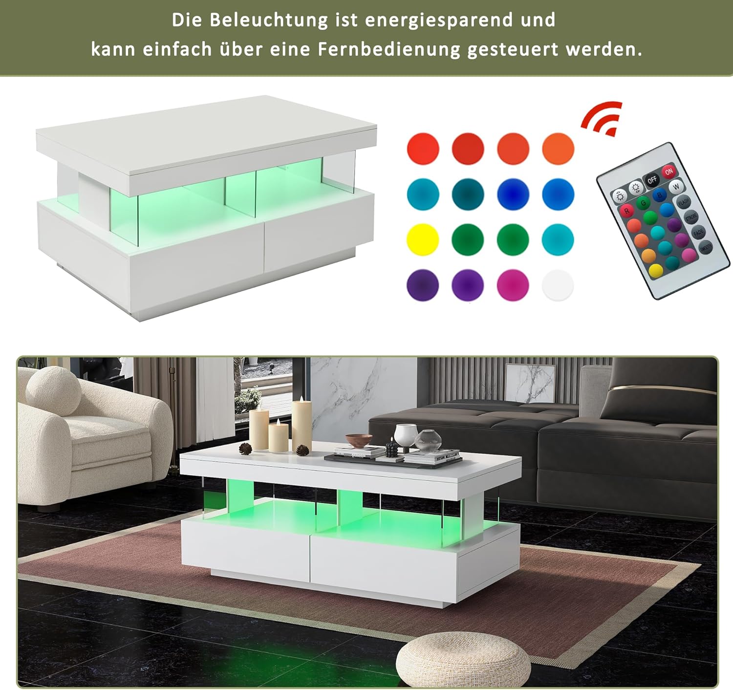 Merax Hochglanz Couchtisch mit LED-Beleuchtung und Acrylplatten – Moderner Sofatisch für Wohnzimmer – Langlebig, Kratzfest und praktisch Weiß