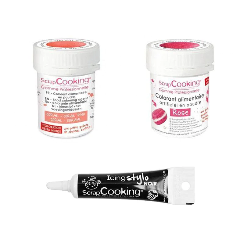 2 colorants alimentaires corail-rose + Stylo glaçage noir Scrapcooking