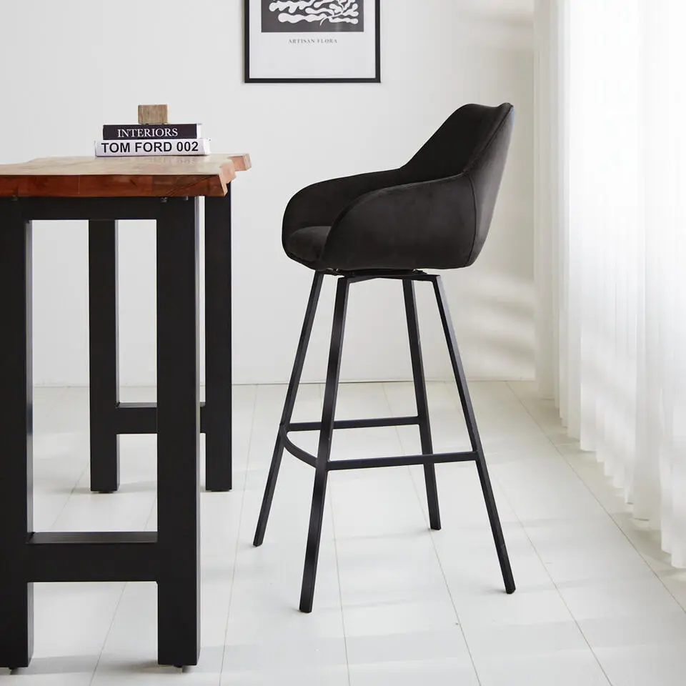 Barkruk Elise velvet antraciet draaibaar met armleuning - Zithoogte 79 cm - Stof
