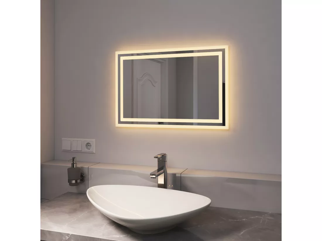 EMKE Miroir lumineux salle de bain 60x40cm, Miroir LED avec Interrupteur à bouton, Anti-buée, Miroir avec éclairage lumière Blanche Froide/Chaude