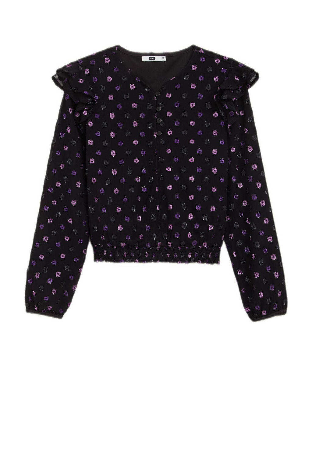 WE Fashion top met all over print en ruches zwart/paars/zilver