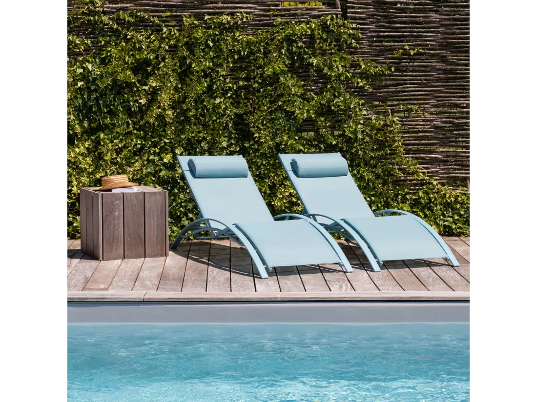 Lot de 2 transats GALAPAGOS en textilène bleu clair - aluminium bleu clair - HAPPY GARDEN