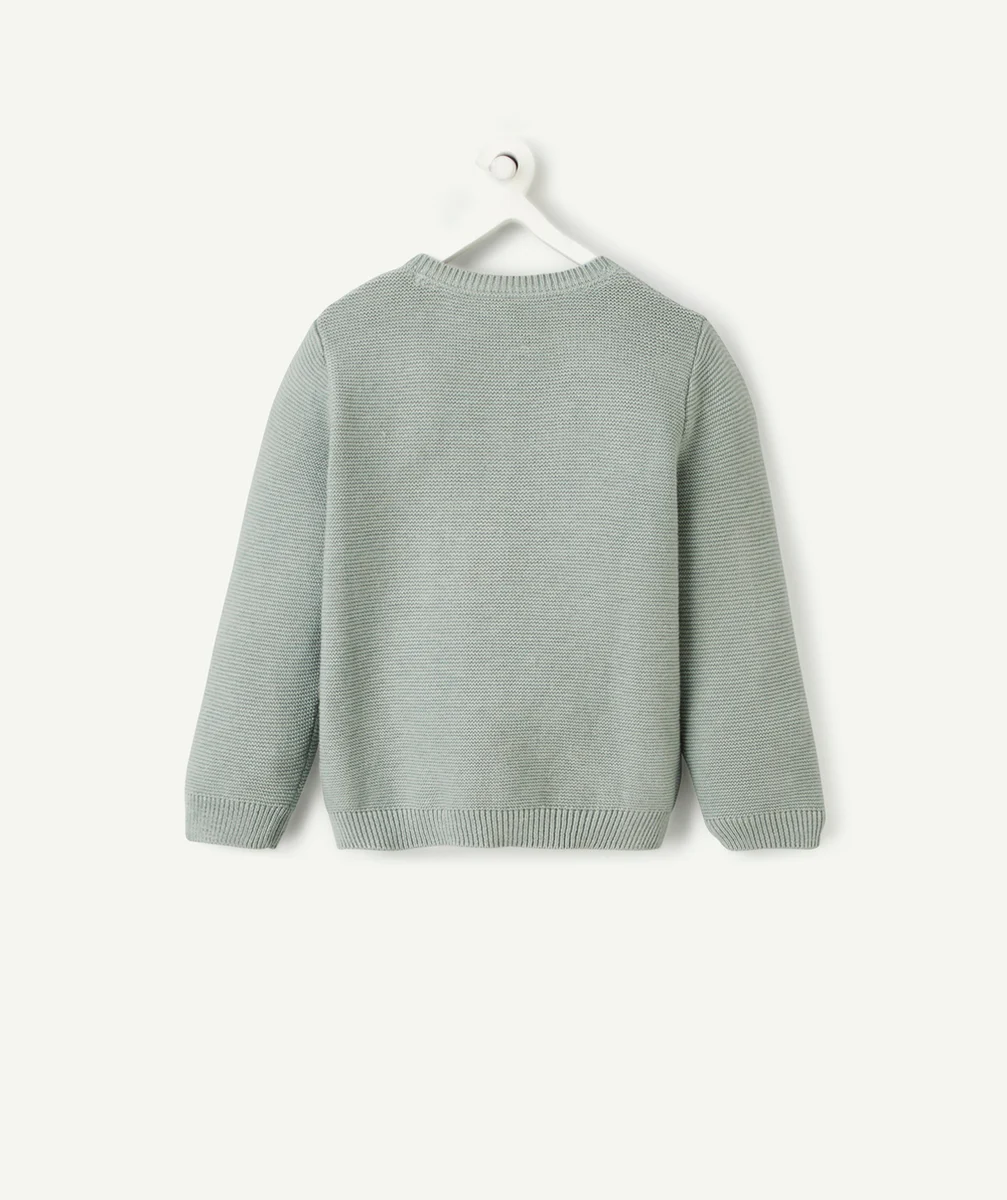 PULL BÉBÉ EN MAILLE VERT AVEC MESSAGE BRODÉ BLANC ET VERT