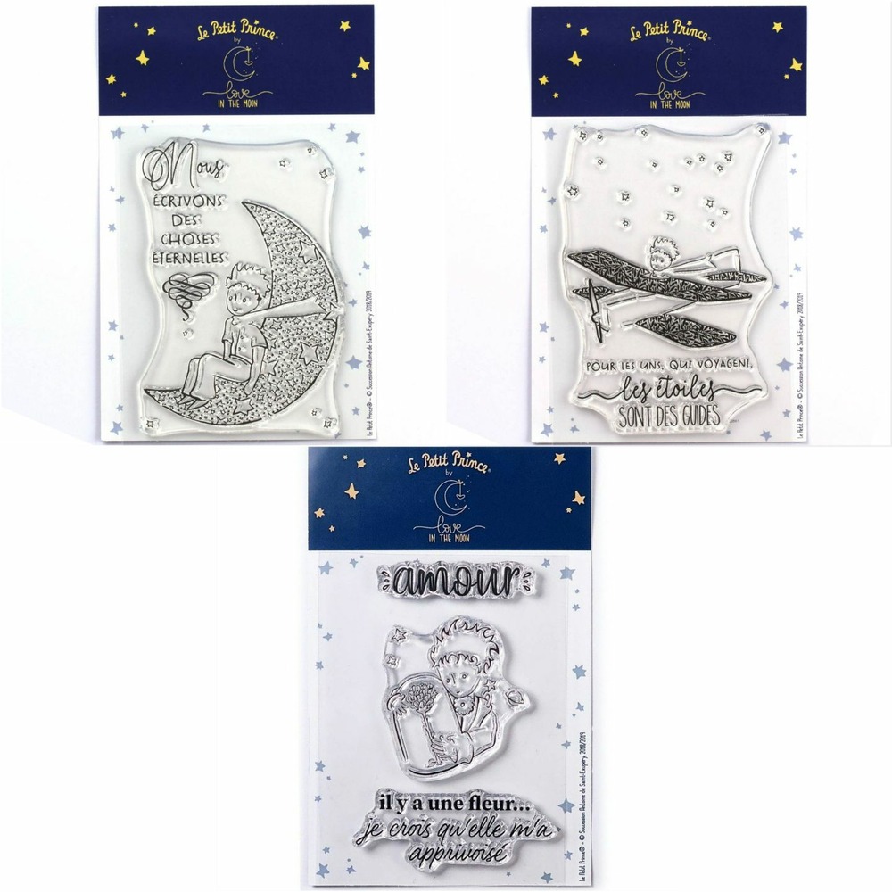 5 tampons transparents le petit prince et la lune + son avion + fleur