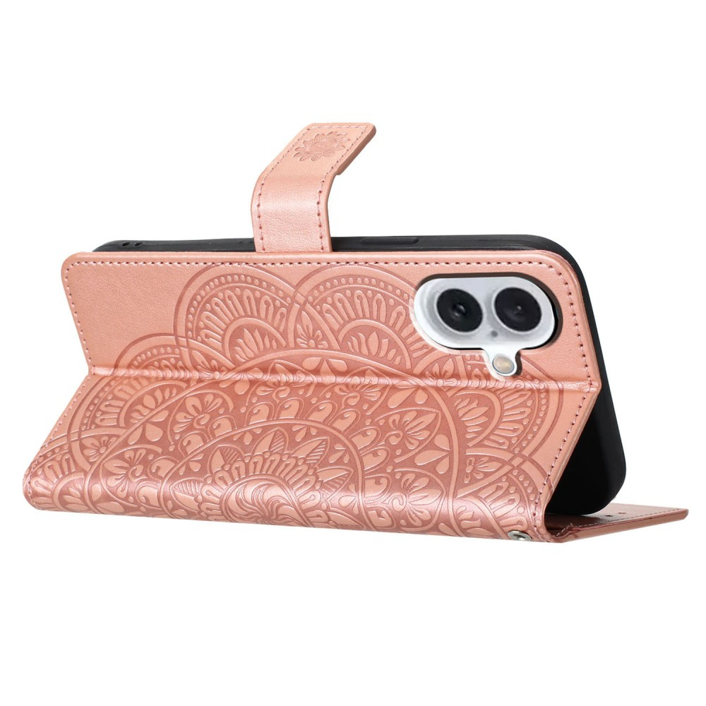 iPhone 16 Leder Tasche Wallet - Mandala Flowers Imprint - Roségold