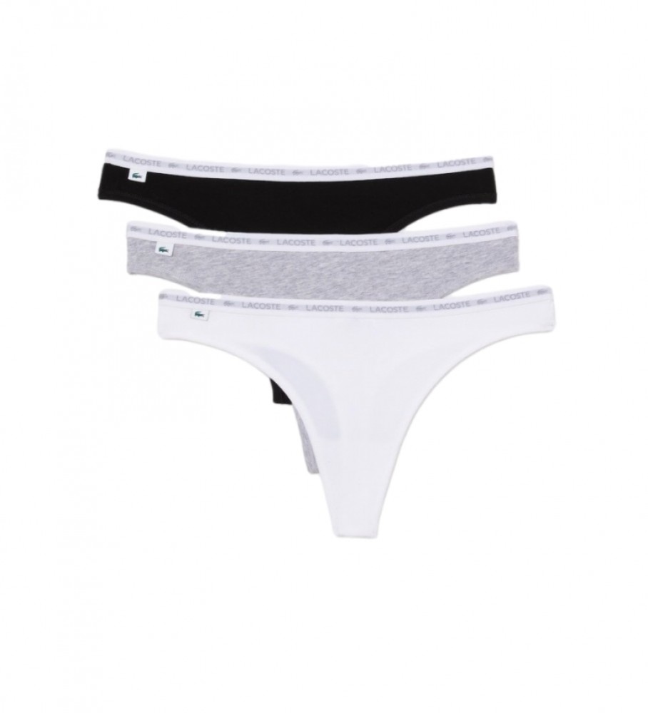 Conjunto de 3 tangas Lacoste em algodão elástico nas cores cinza, branco e preto.