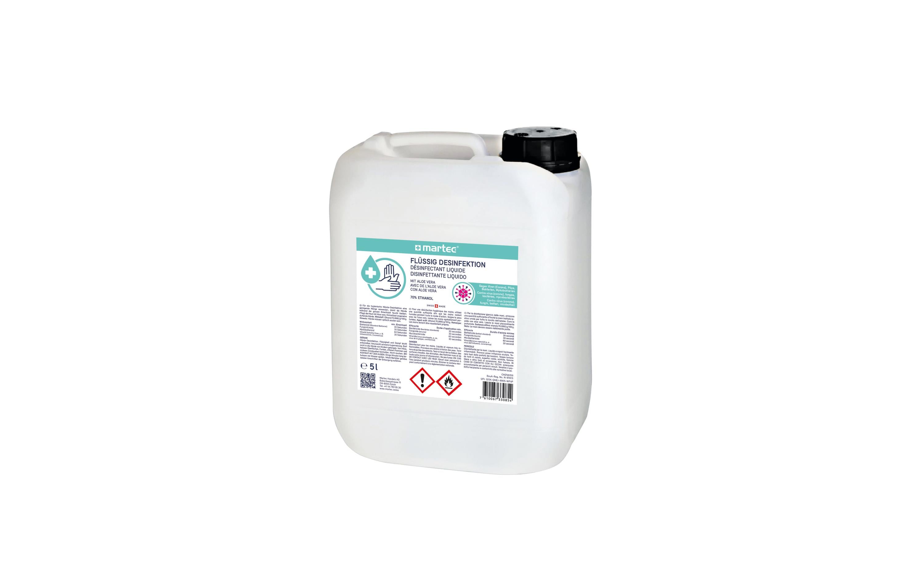 Desinfektionsmittel für die Hände mit Aloe Vera 5 LiterHygienische Flüssig-Desinfektion mit 70% Ethanol und Aloe Vera