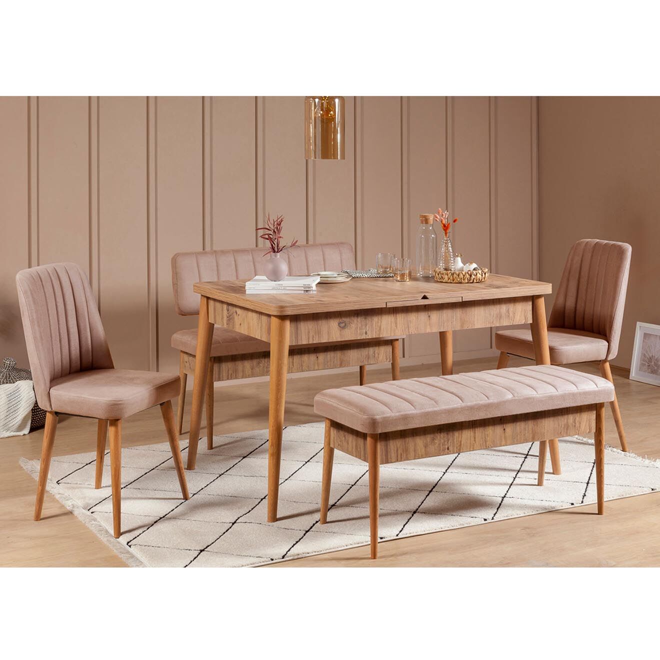 Wooden Art Ensemble Table + 2 Chaises + 2 Bancs Vina beige/gris