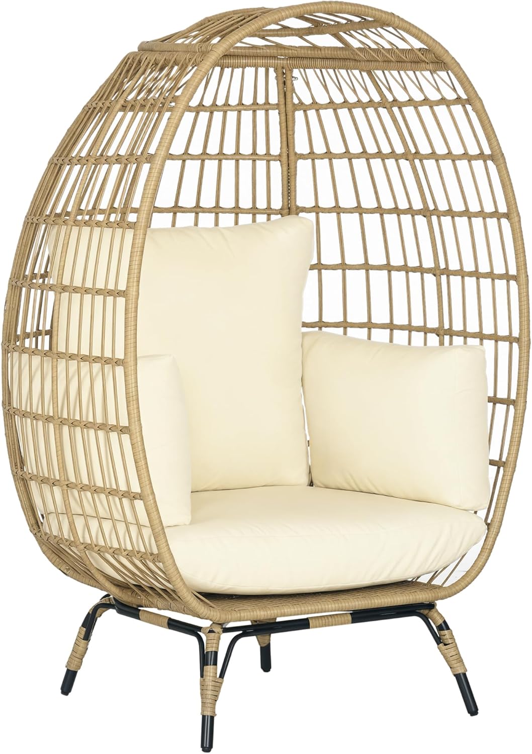 Outsunny Rattansessel in Korbform, Rattanstuhl mit Sitzkissen, Erhöhter Gartensessel für Balkon, Terrasse, Metall, Khaki, 105 x 90 x 148 cm