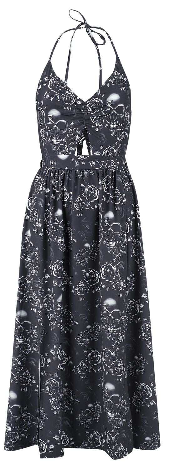 Double Slit Dress with Roses and Skulls | Black Premium by EMP Robe longue