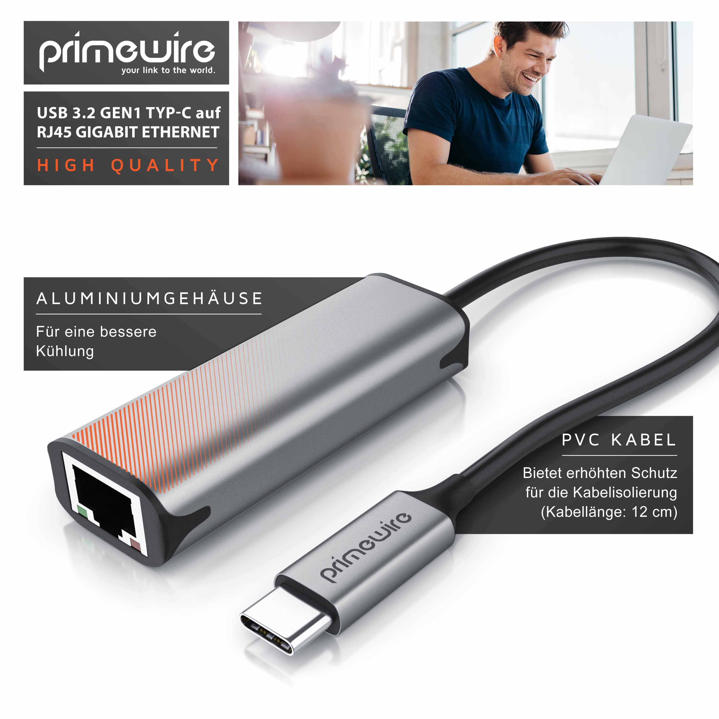 Primewire Netzwerkadapter USB 3.2 Typ C auf RJ45 Buchse LAN Adapter mit USB Typ C
