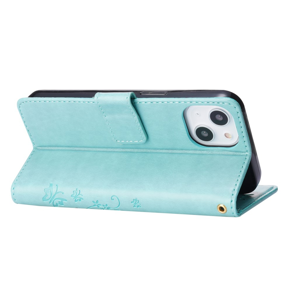 iPhone 13 Leder Tasche mit Kartenfach   Handschlaufe Butterfly Flowers - Türkis