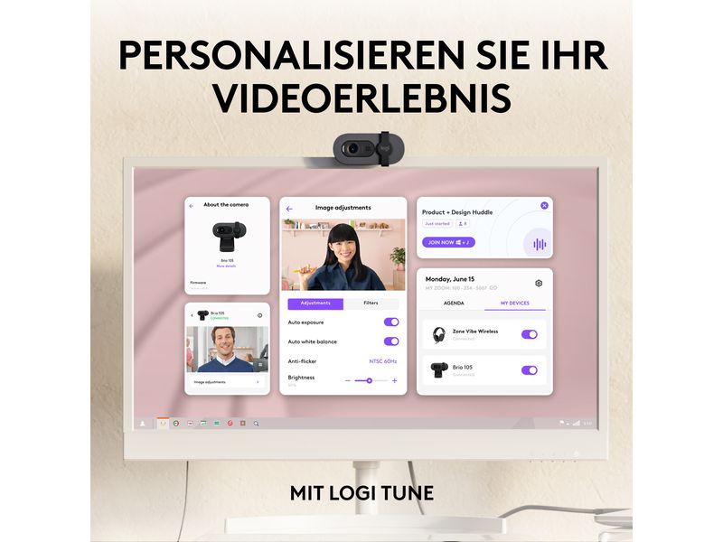 Logitech Webcam Brio 105 Full HD 1080p 30 fps Eine Full HD-Business-Webcam mit 1080p, automatischem Lichtausgleich und integrierter Abdeckblende
