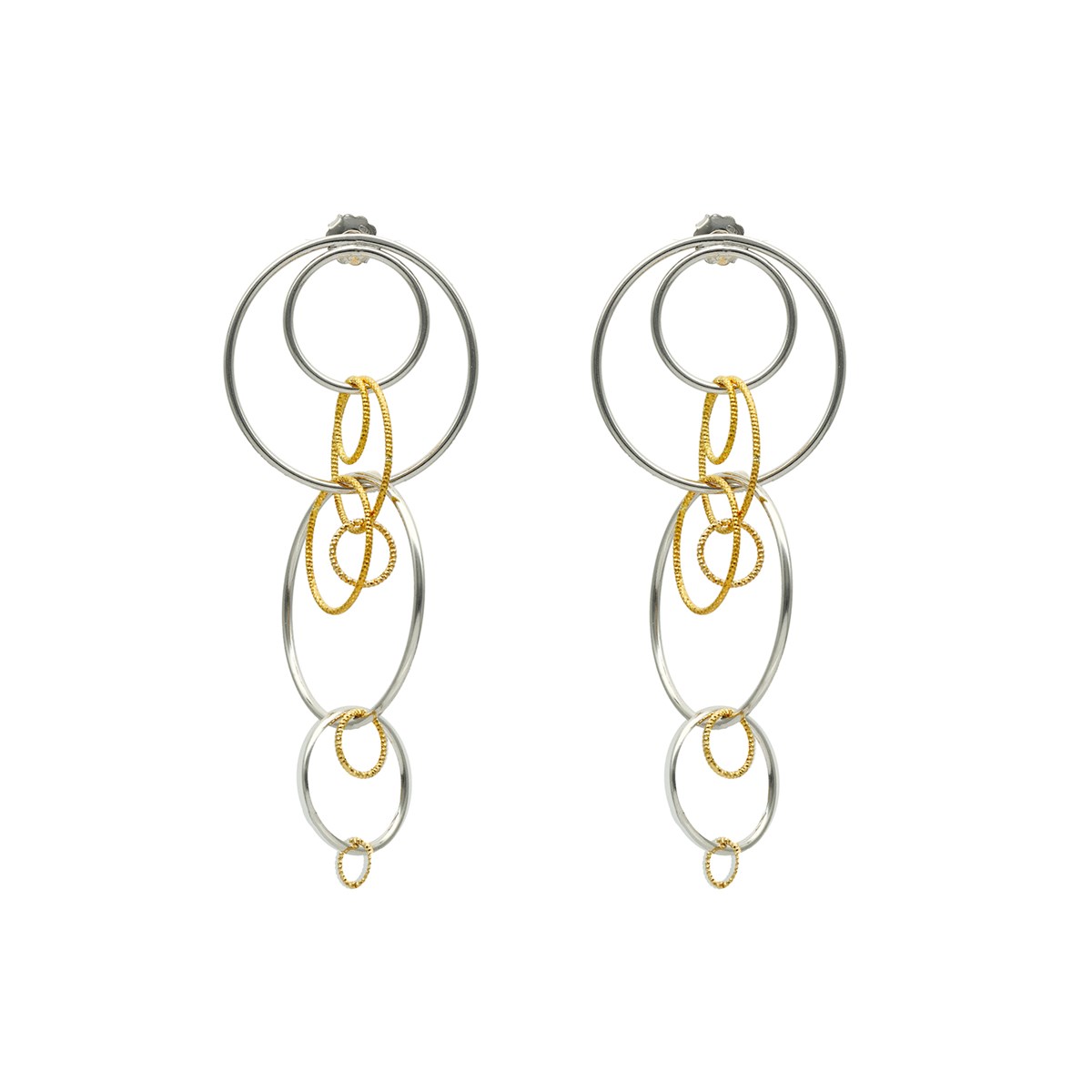 Boucles D'oreilles Argent Rhodié Et Doré Cercles Diamantés Et Lisses