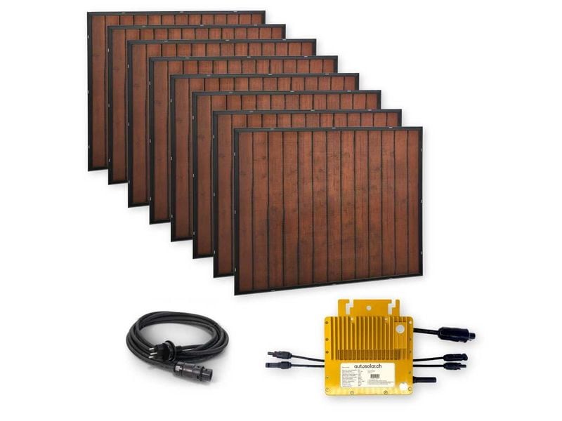 autosolar Solaranlage Balkonkraftwerk 1600W, Holzoptik Plug & Play Balkonkraftwerk mit acht Solarpanels und MI600v2 Wechselrichter