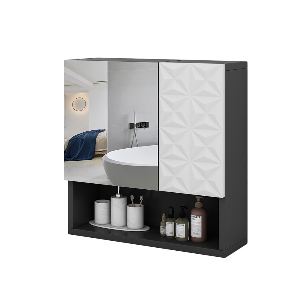 Vicco Spiegelschrank Badspiegel Wandspiegel Edge Schwarz Weiß modern 54x55 cm Badezimmer Schrank Badschrank Badezimmermöbel Badmöbel 2 Türen