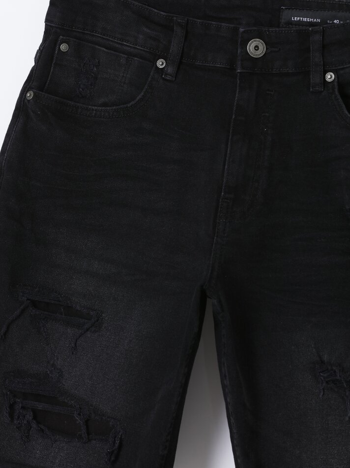 Shorts jeans slim confortáveis com rasgos - Preto
