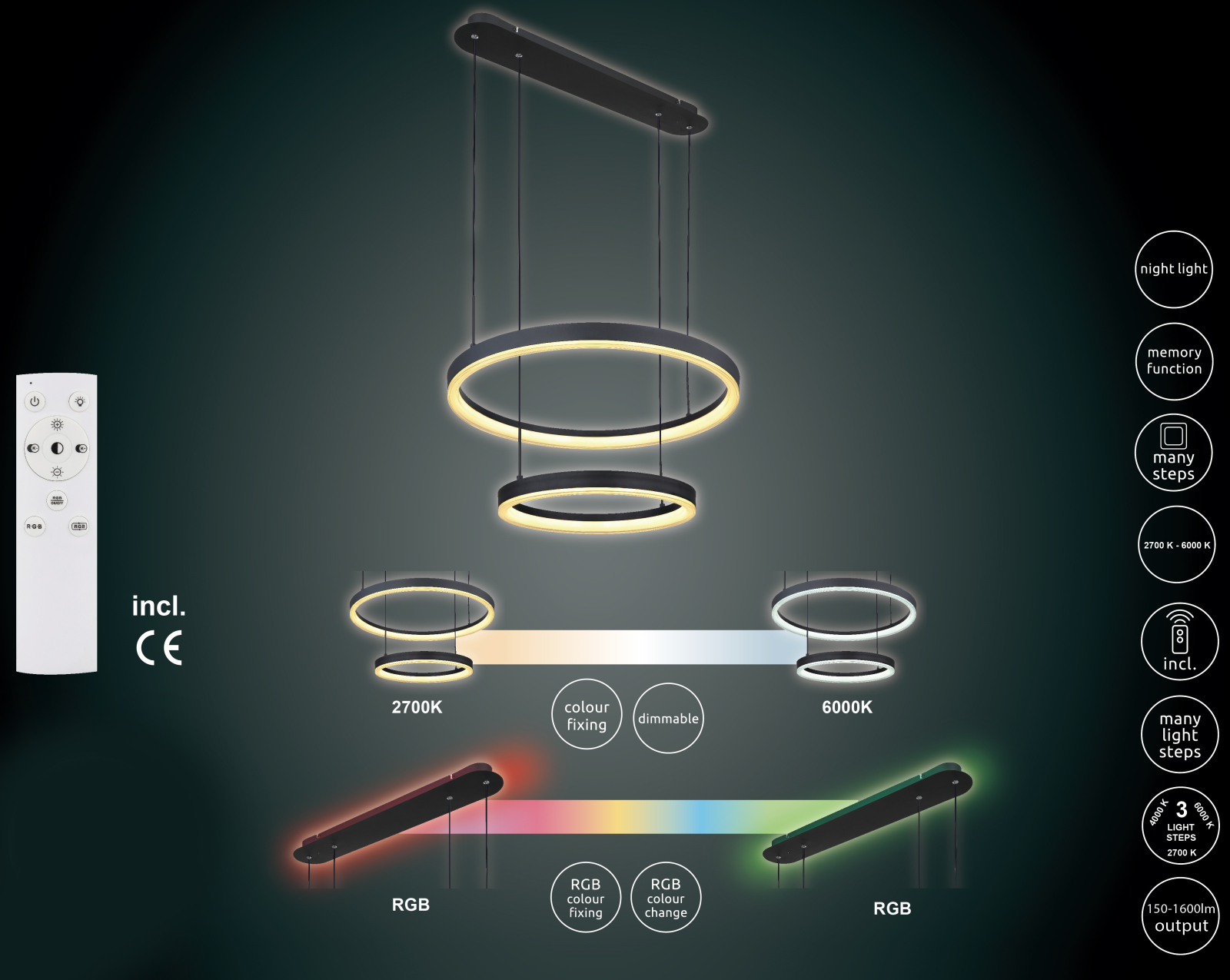 LED-Hängeleuchte - schwarz matt - Memoryfunktion - RGB-Farbwechsel