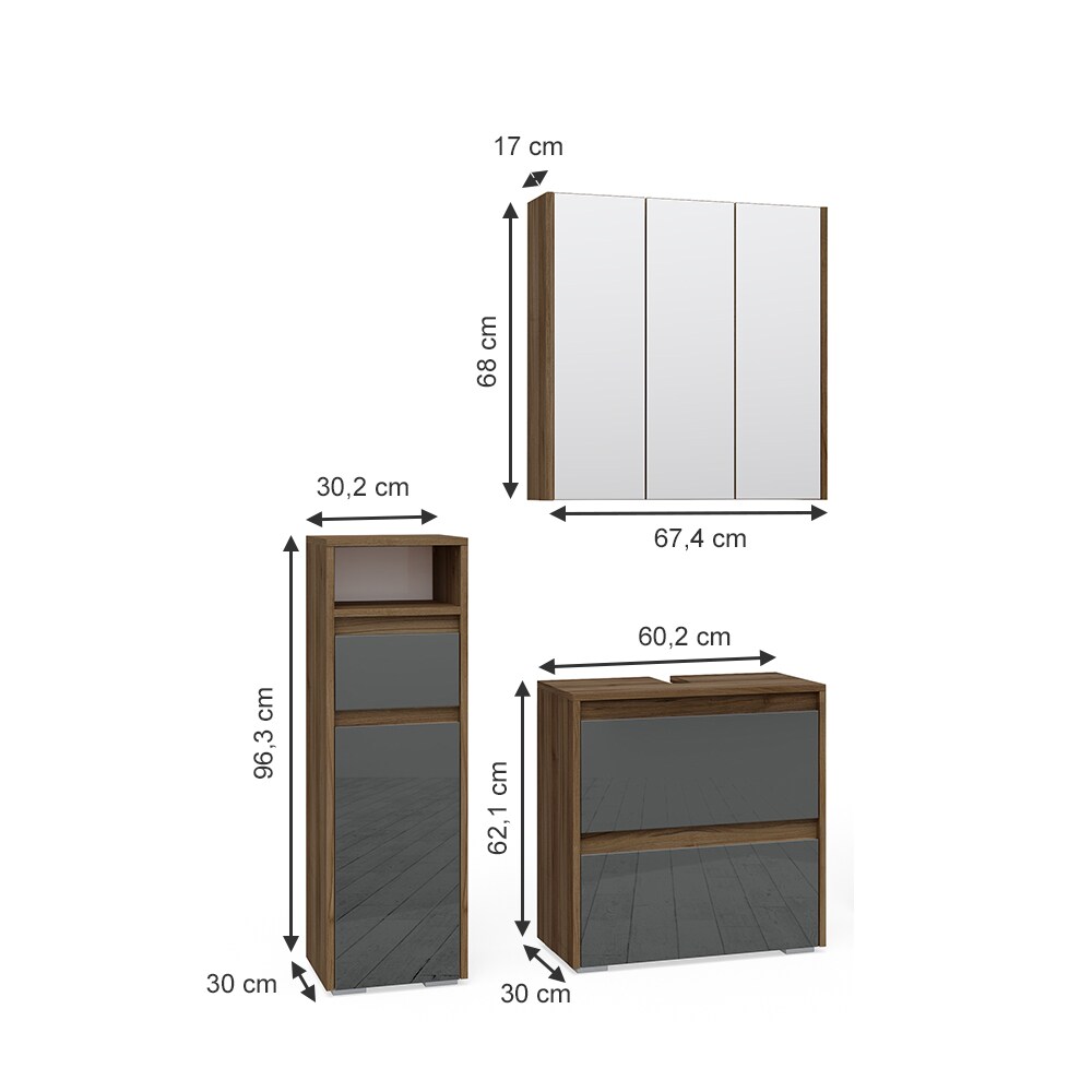 Vicco Badmöbelset Spiegelschrank Unterschrank Midischrank Majest Nuss/Anthrazit