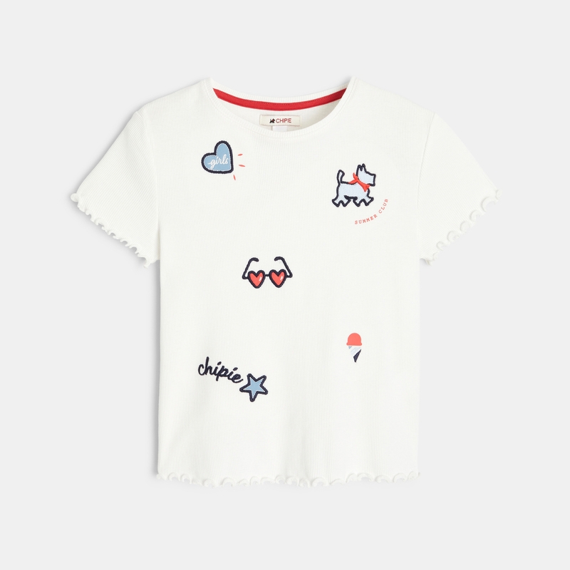 T-shirt blanc coton côtelé aux bords festonnés mixte Chipie