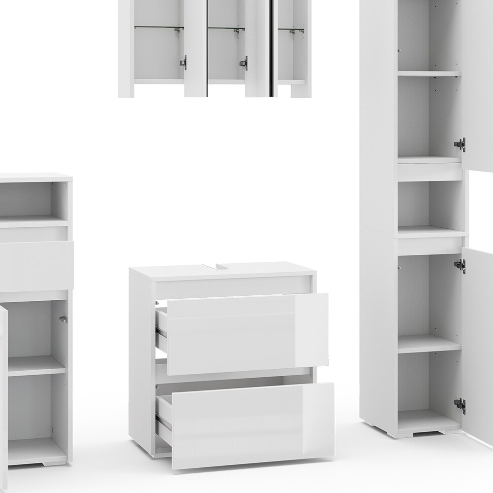 Vicco Badmöbel-Set Badezimmer-Möbel Bad-Schrank Majest Weiß Hochglanz modern Badezimmerschrank Waschbeckenunterschrank Spiegelschrank Hochschrank Midischrank Schranktür Schrankfach