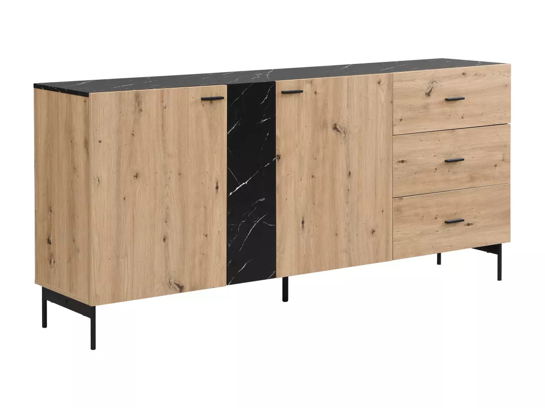 Buffet avec 2 portes et 3 tiroir en MDF et métal - Naturel clair et Effet marbre noir - LIOMENA de Pascal Morabito