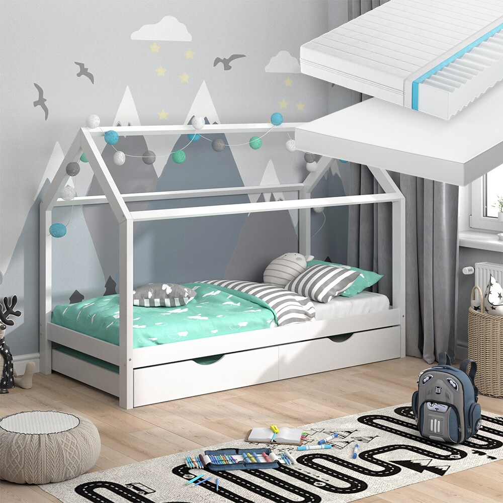 VitaliSpa Kinderbett Hausbett Gästebett Wiki Weiß 90x200cm Schublade Matratzen