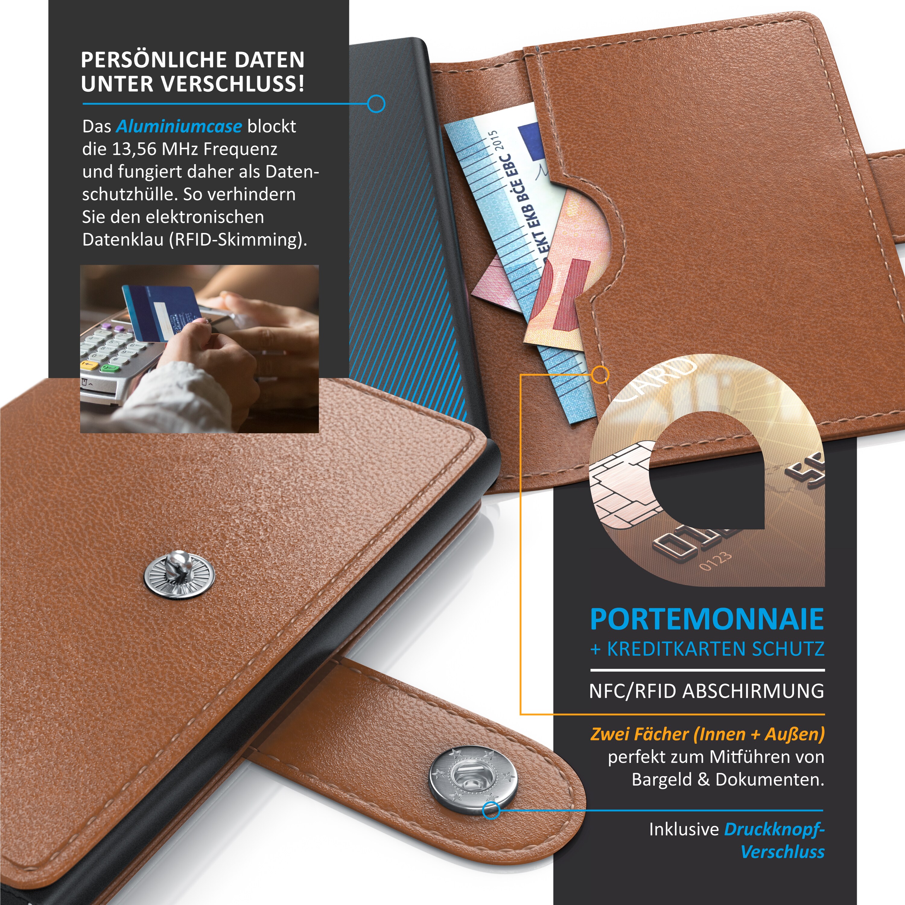 Aplic NFC / RFID Kartenetui Portemonnaie - NFC / RFID Abschirmung Blocking - Schutz vor Cyber Kriminalität - für bis zu 6 Karten - kompakt und stabil